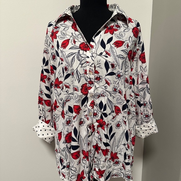 *FOXCROFT* Plus White x Red Floral Wrinkle-Free Button Down Shirt Size 20W - Picture 1 of 8